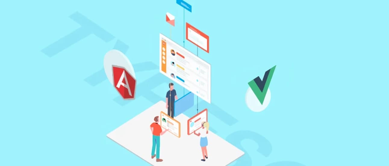 Illustration of three people interacting with a digital interface, featuring Angular and Vue.js logos on a light blue background.