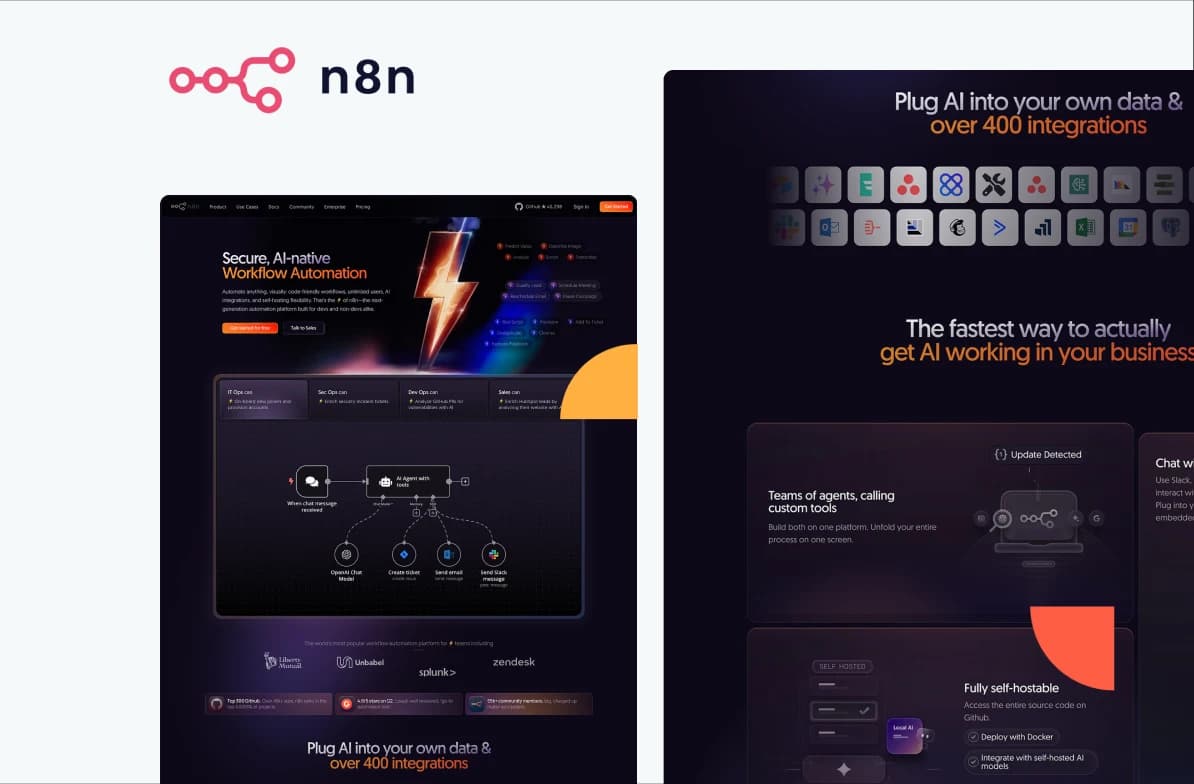 Screenshot of the n8n website showcasing workflow automation, AI integration, and over 400 integrations with a dark-themed interface.