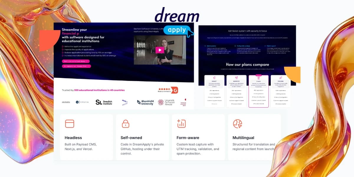 Website showcasing DreamApply, a platform for educational institutions. Features include financial aid management and multilingual support.