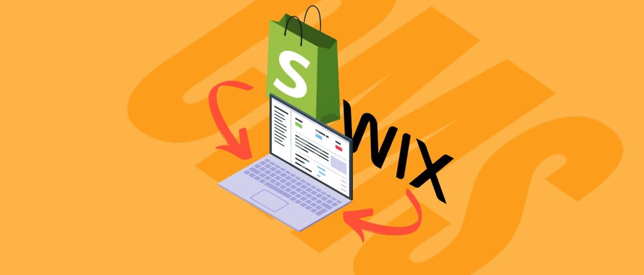 Illustration of a laptop with a Shopify bag and Wix logo, connected by red arrows, on an orange background.
