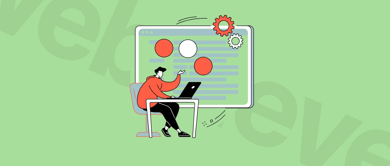 Illustration of a person in a red hoodie working on a laptop, with a large computer screen displaying gears and circles on a green background.