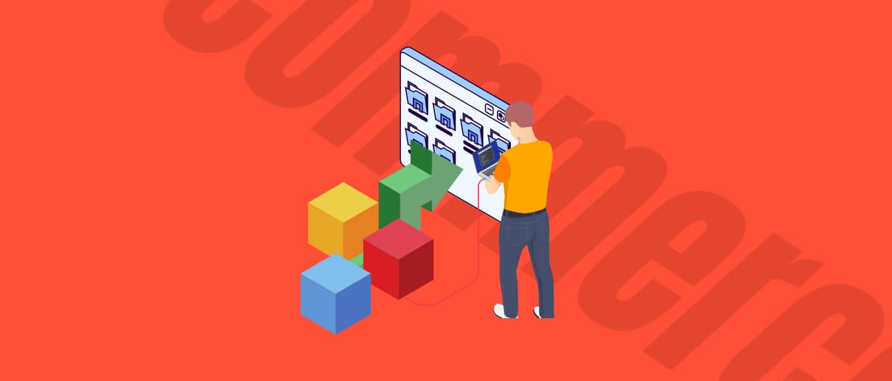 Illustration of a person interacting with a digital interface, with colorful cubes in the foreground, on a red background.