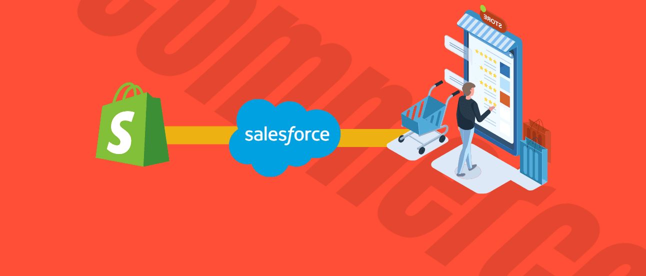 shopify salesforce integration data flow naturaily Illustration of a person shopping online, linking Shopify and Salesforce logos, with a shopping cart and storefront on a red background.