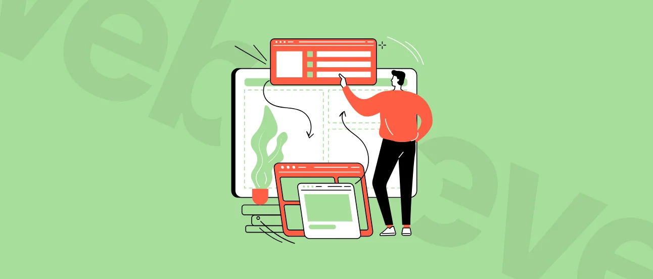 Illustration of a person in red designing a webpage with screens on a green background.