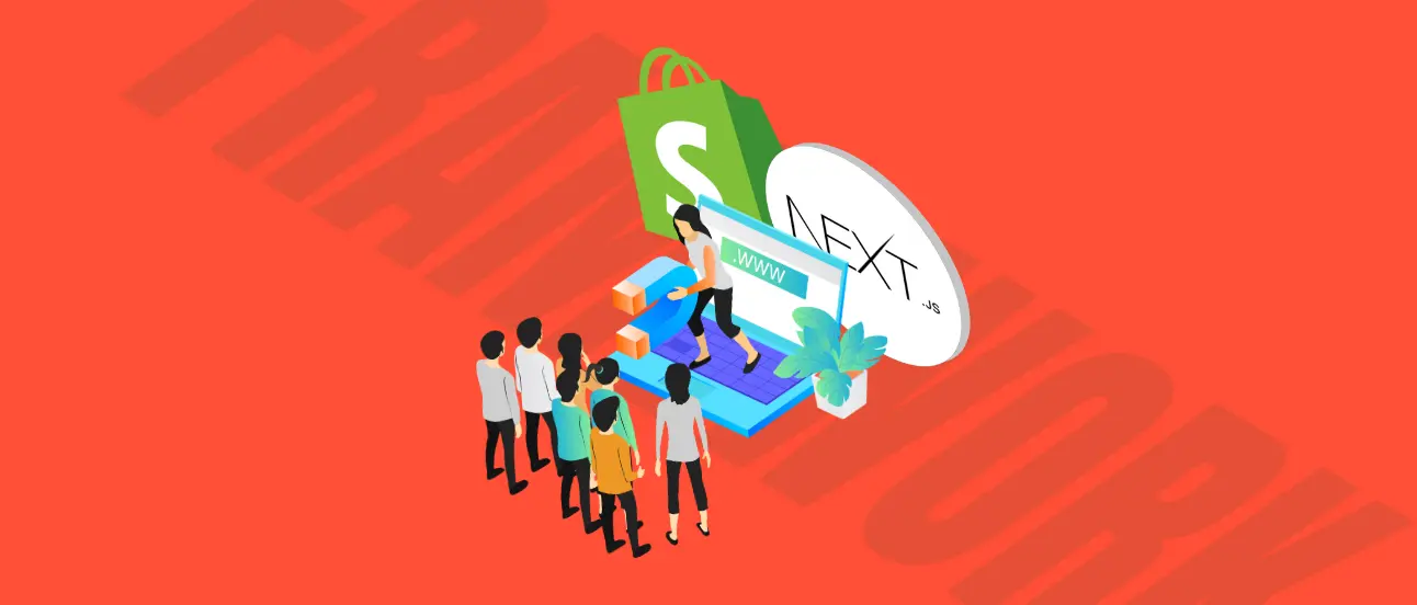 Illustration of a person presenting on a screen labeled "NEXT" with a shopping bag icon, in front of a group, on a red background.