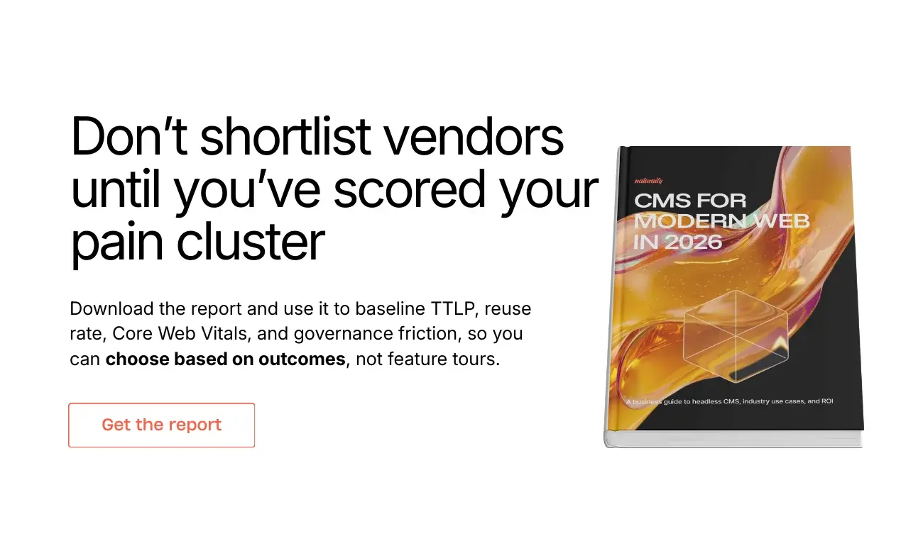 A digital ad showing a book titled "CMS for Modern Web in 2026" with text promoting a report to aid in vendor selection. A button reads "Get the report."