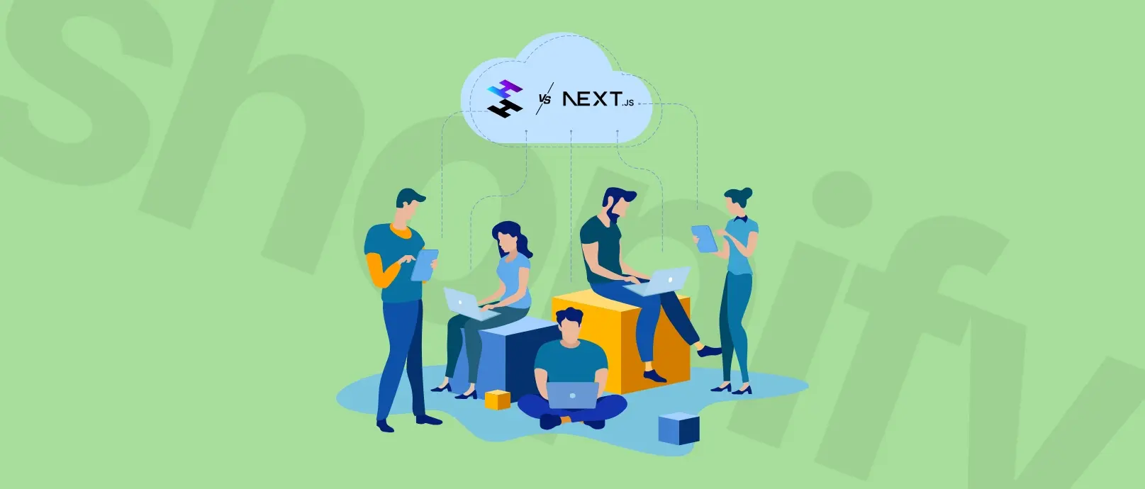 Illustration of five people using devices, connected to a cloud labeled "is NEXT...", with a green background featuring faint text.