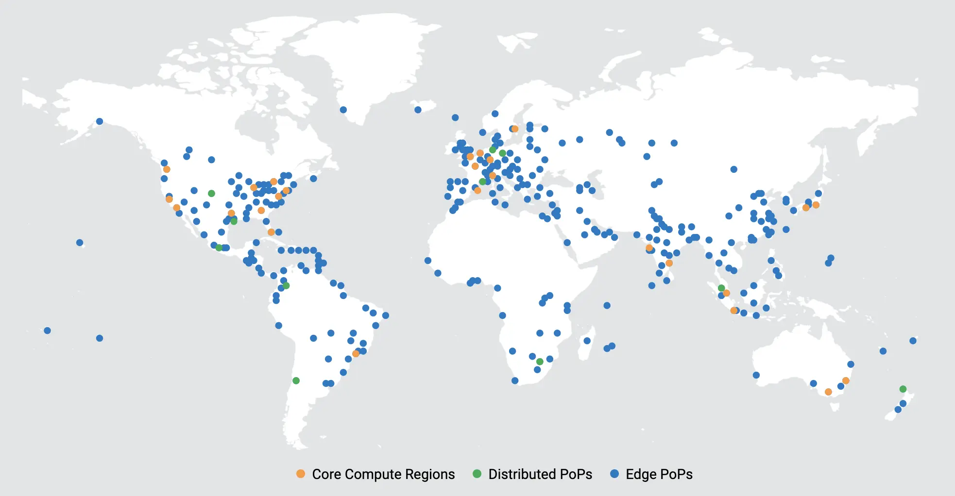 World map showing network locations with orange, green, and blue dots representing core compute regions, distributed PoPs, and edge PoPs.