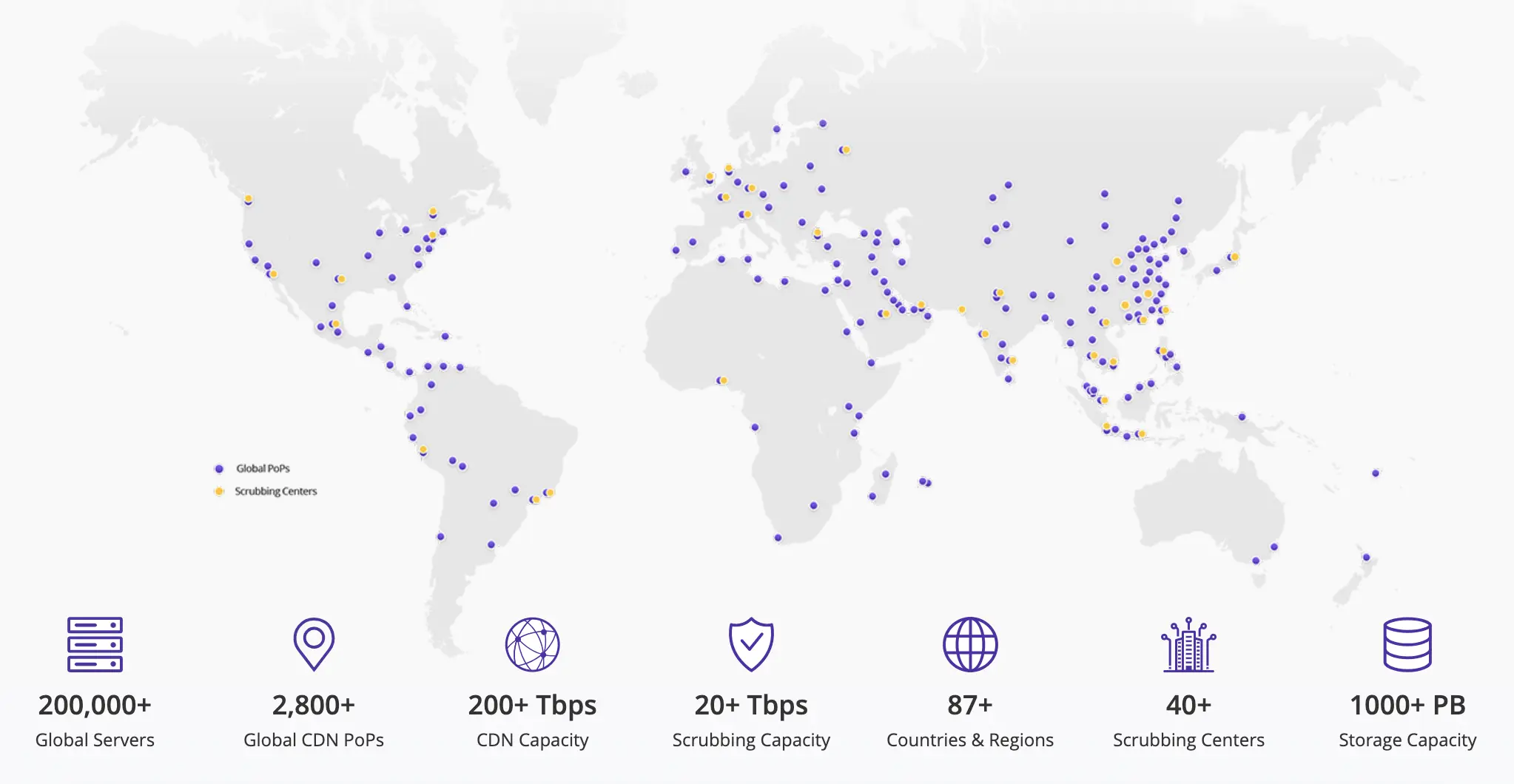 World map with dots indicating global servers, CDN PoPs, and scrubbing centers. Icons below show server, capacity, and region statistics.