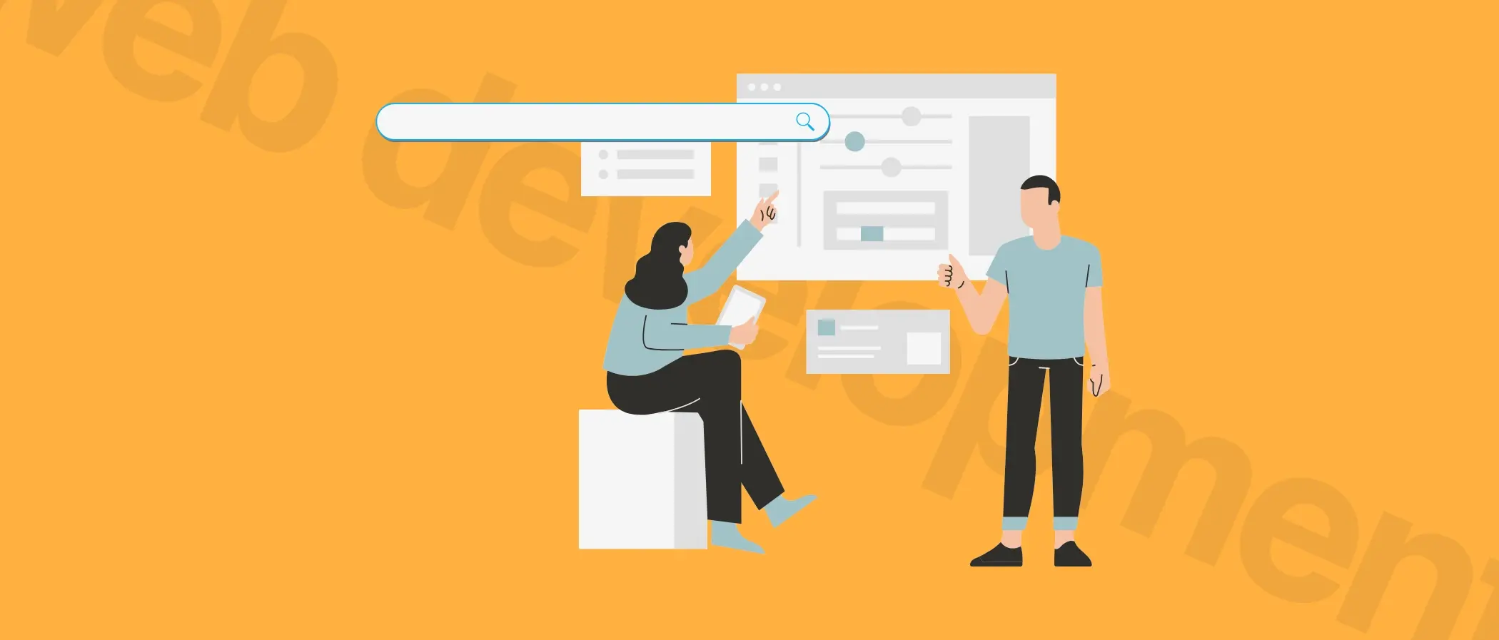 Illustration of two people discussing web development, with search bar and website interface elements on an orange background.
