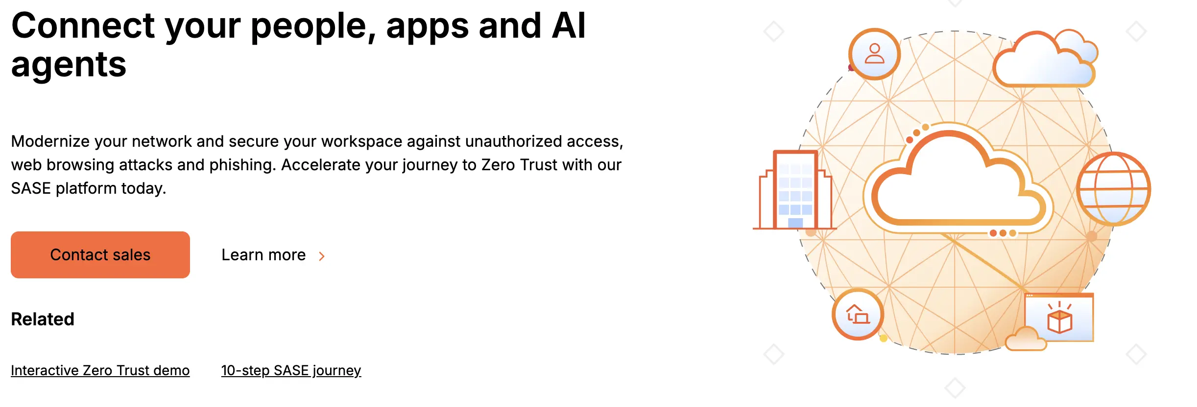 Illustration of cloud computing with icons of people, devices, and security symbols. Text about secure workspace and Zero Trust platform.