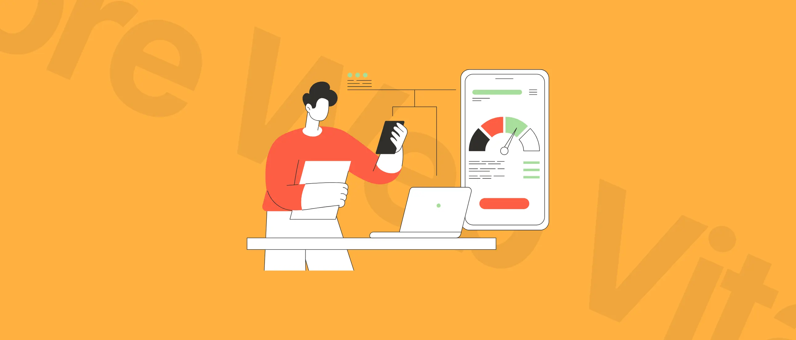 Core Web Vitals increase in traffic and sales. Graphic presenting man checking the website's metrics.