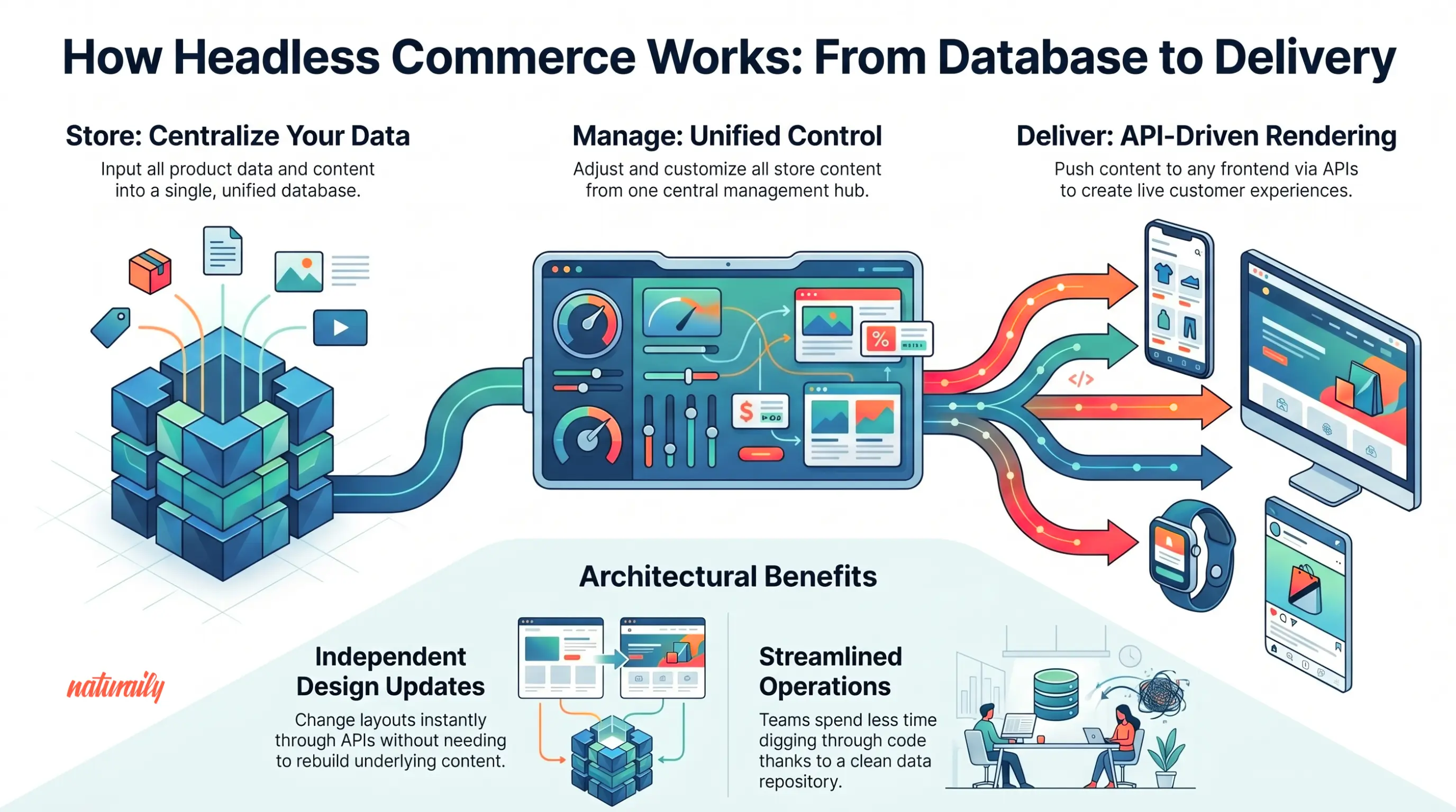 Infographic of headless commerce process showing data centralization, unified management, API-driven delivery, and architectural benefits.