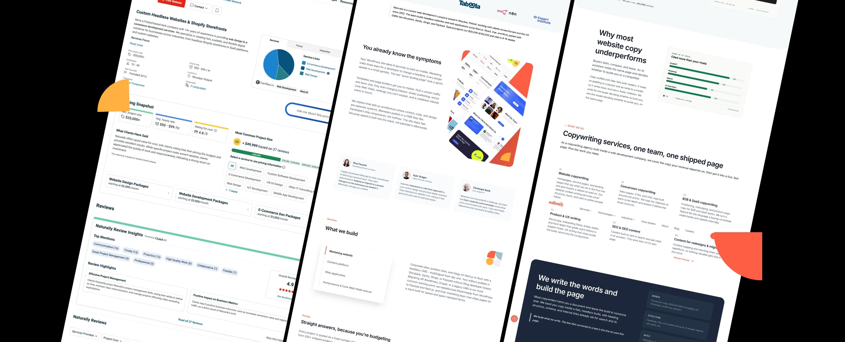 A split-screen view of a website showcasing web development services, client reviews, project details, and copywriting offerings with graphics and text.