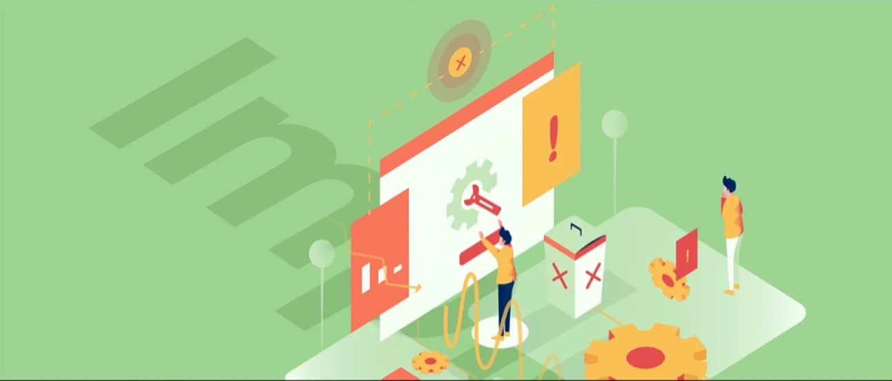 Illustration of two people fixing a large computer screen with gears, tools, and warning symbols on a green background.