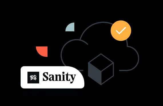 Logo with the word "Sanity" on a label, next to a cloud icon with an orange checkmark and small geometric shapes.