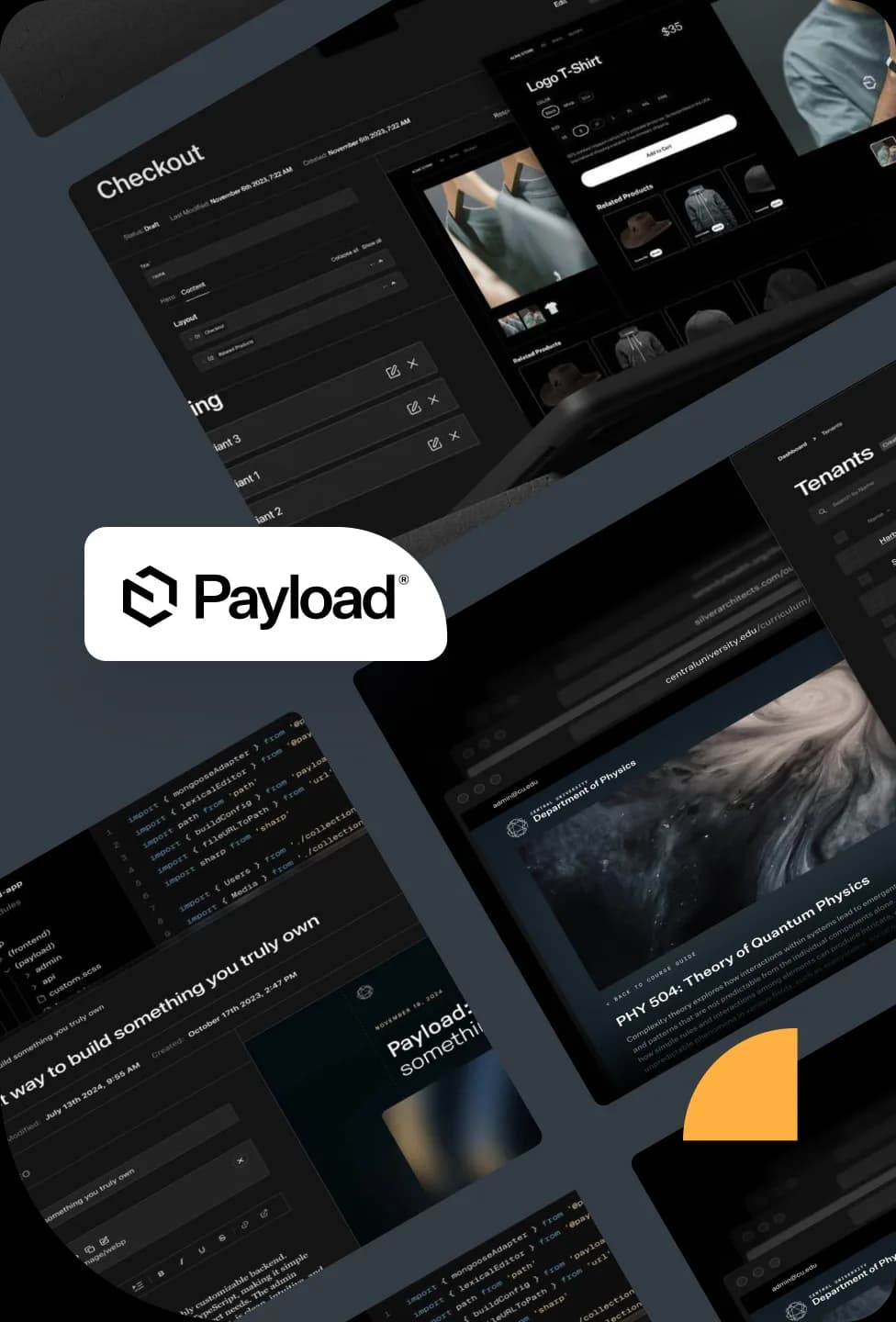 Collage of dark-themed digital interfaces featuring checkout, product, and tenant screens, with a central "Payload" logo.