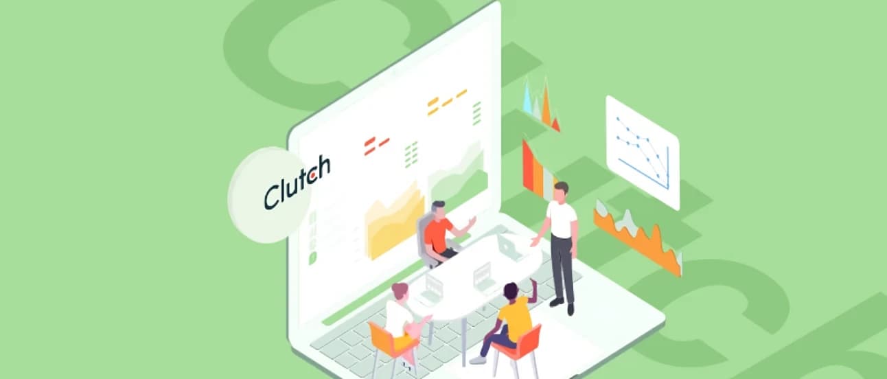 Illustration of four people in a meeting room with charts and a large screen displaying data, labeled "Clutch," on a green background.