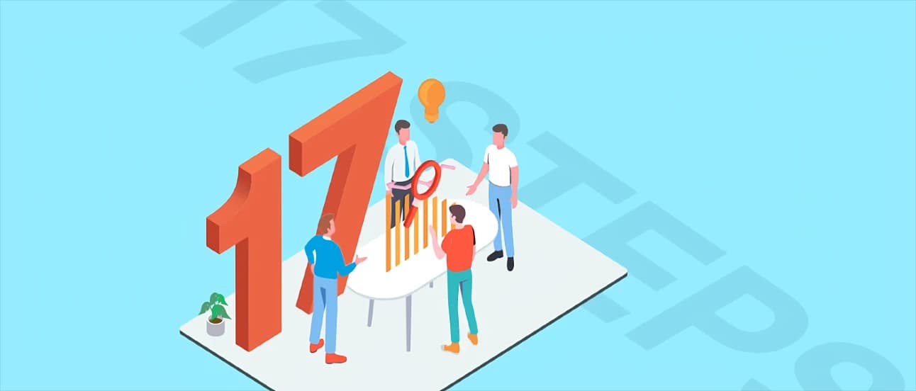 Isometric illustration of four people discussing a chart with bars, a magnifying glass, and a large number 17 on a light blue background.